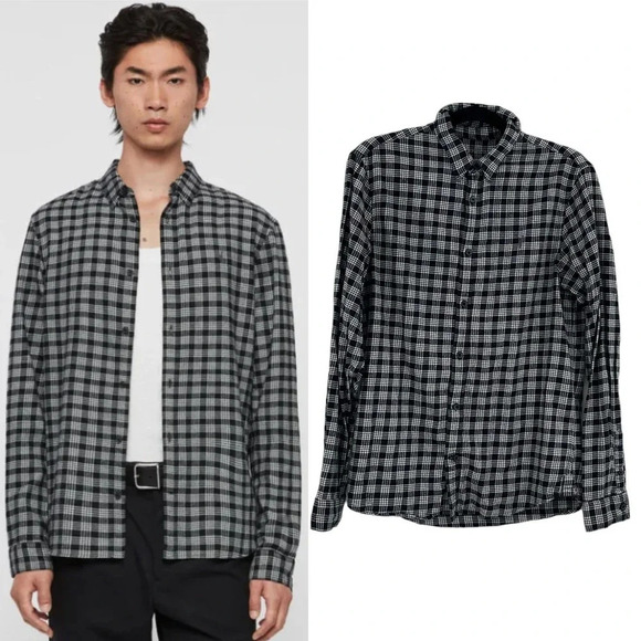 AllSaints Petro Shirt Button Down‎ Long Sleeve Flannel Check Black Size Medium - Picture 1 of 11